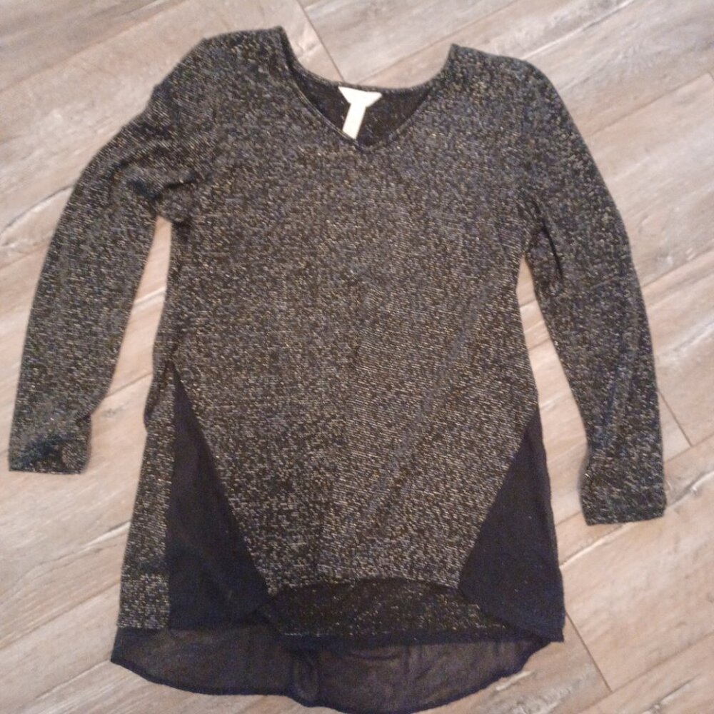 Three Seasons Maternity Black Sparkly Bling Long SleeveTunic, Sheer partly Large